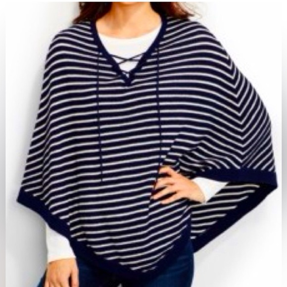 Talbots Striped Poncho Caplet with Lace Up Neck Navy & White Cotton Blend Sz Lg - Picture 1 of 8